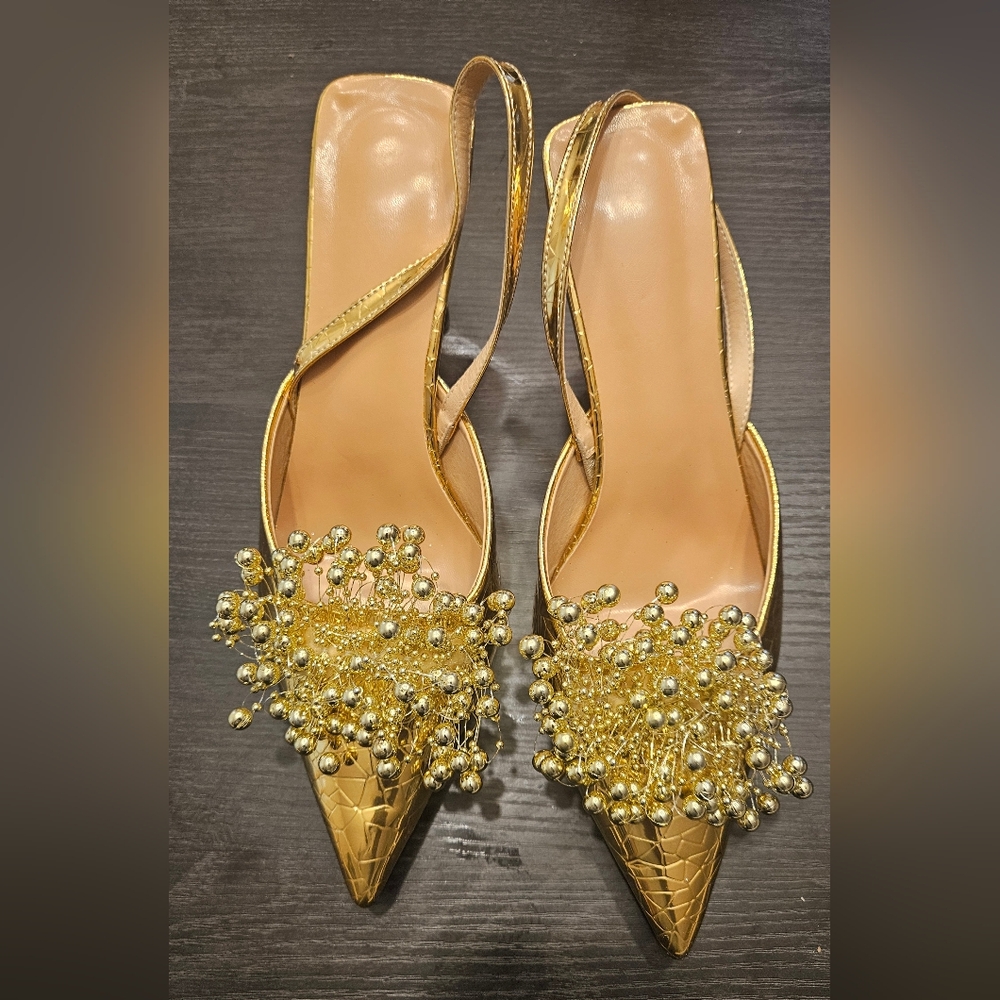 Gold Beaded Pointed Slingback Heels